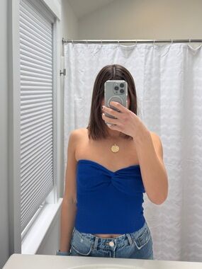 Blue Strapless Twist-Front Ribbed Top